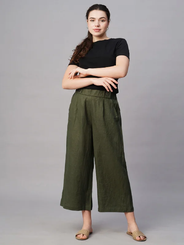 Women's Olive Linen Regular Fit Culotte