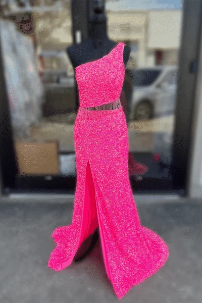 Fuchsia Sequins One Shoulder Cut-Out Tassels Long Prom Dress with Slit